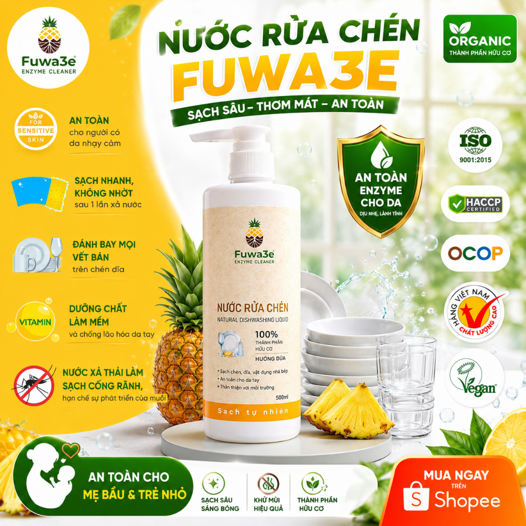 Nước Rửa Chén Fuwa3e Sinh Học Enzyme Vỏ Dứa Sạch Dầu Mỡ, An Toàn Da Tay, Thân Thiện Môi Trường