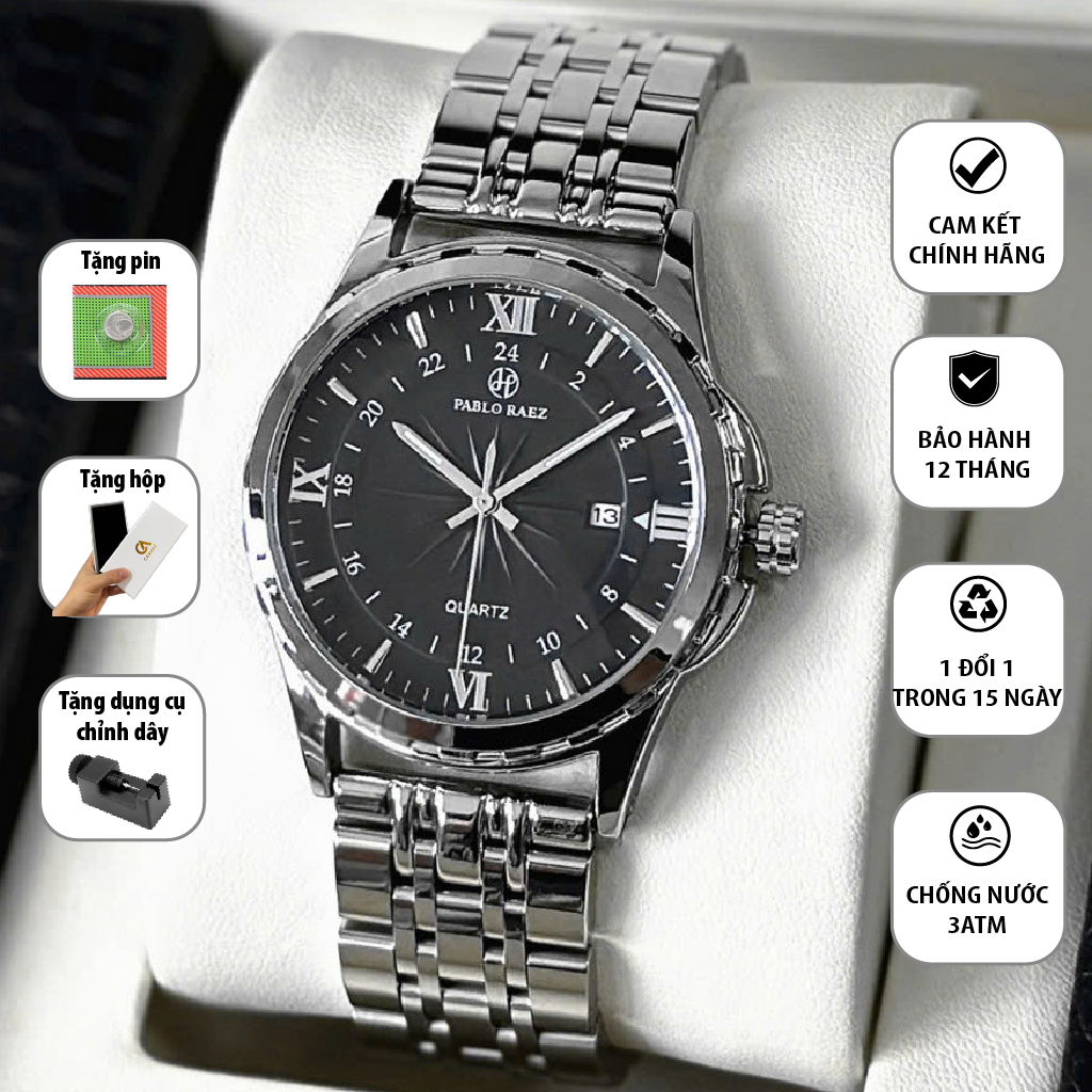 Đồng hồ nam dây thép chính hãng PABLO RAEZ có lịch ngày chống nước dạ quang thời trang đơn giản U850 CARIENT - 1