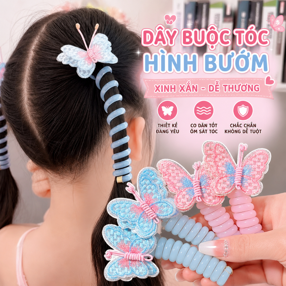(1 cái) Dây buộc tóc lò xo xoắn hình bướm dễ thương nhiều màu sắc, phụ kiện tóc cho bé đáng yêu | Xiaoliyang