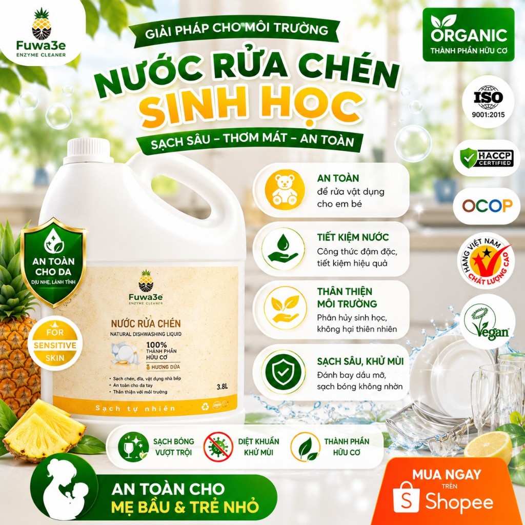Nước rửa chén sinh học Fuwa3e 3.8l lên men tự nhiên từ vỏ dứa dịu lành cho da tay an toàn cho cả gia đình