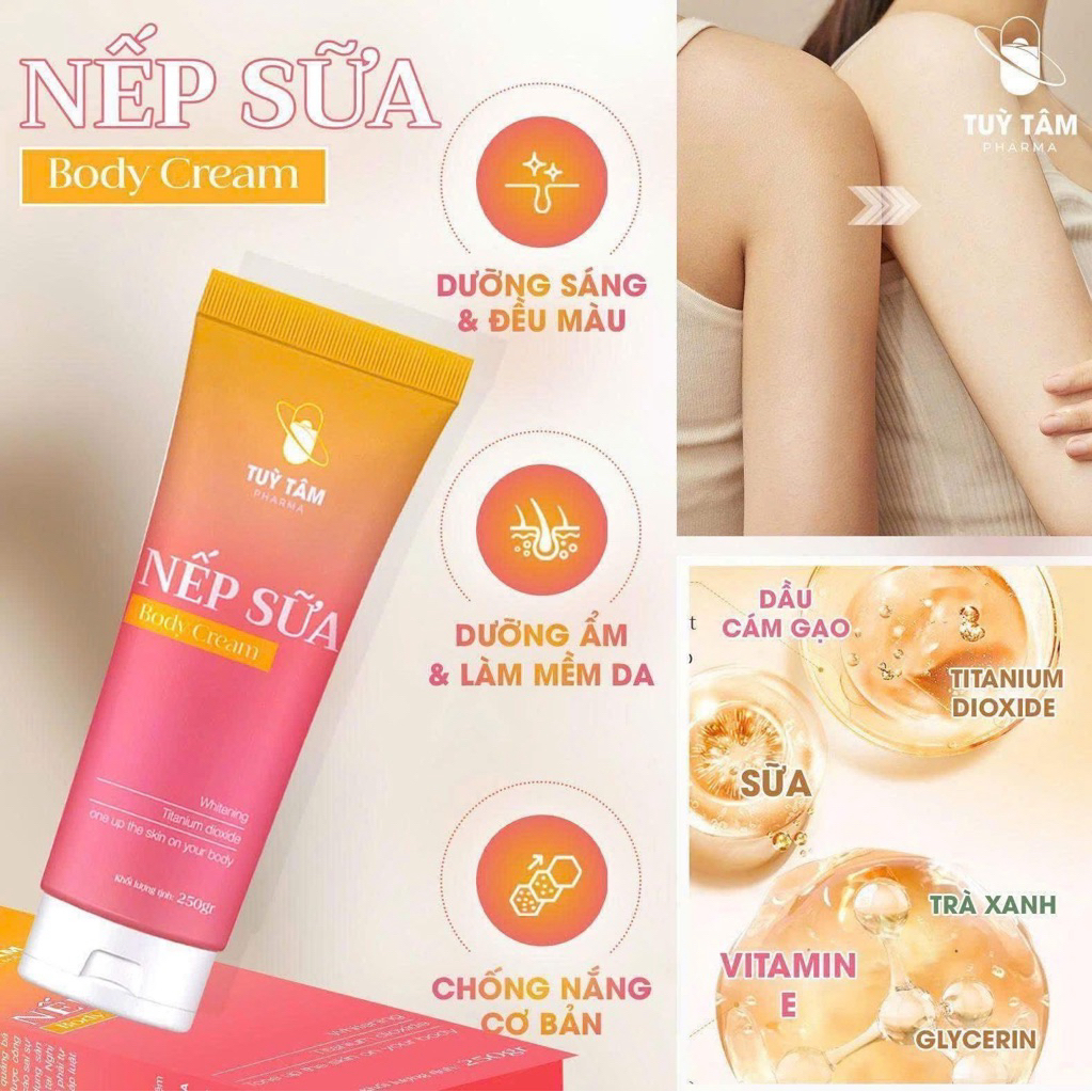 Kem body nếp sữa - Tùy Tâm Pharma - Dưỡng trắng da, chống nắng SPF 50+++ căng bóng mịn màng