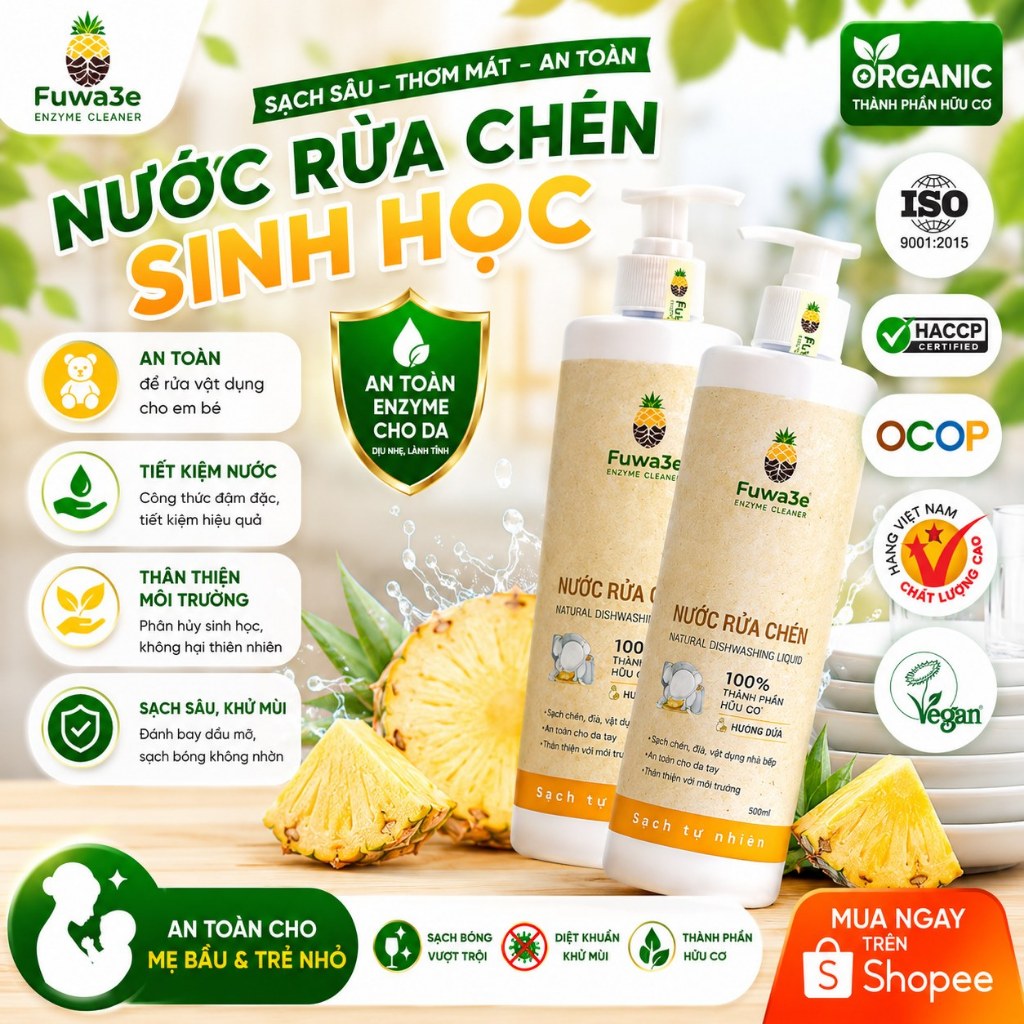 Nước Rửa Chén Fuwa3e Sinh Học Enzyme Vỏ Dứa Sạch Dầu Mỡ, An Toàn Da Tay, Thân Thiện Môi Trường
