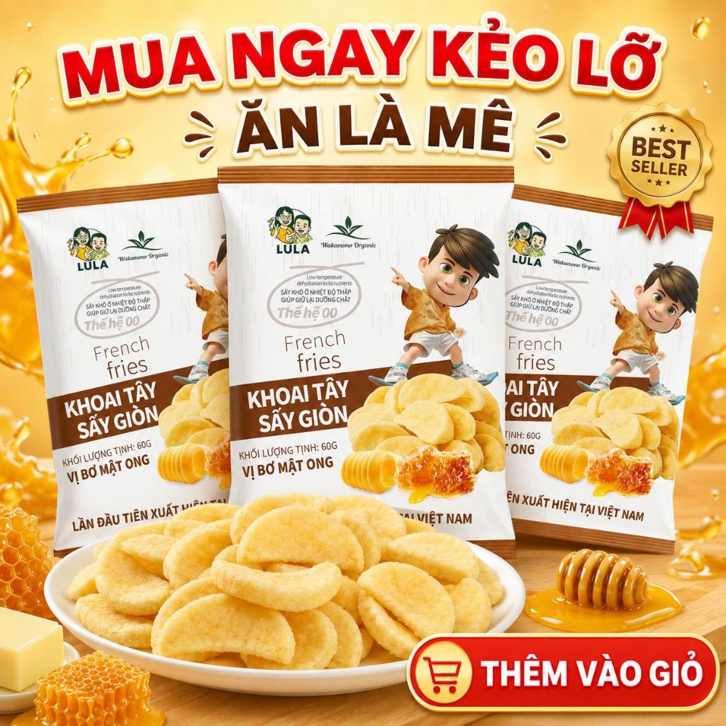COMBO 3 gói Khoai tây sấy giòn Wakamono Organic thái miếng vị mật ong 60gam/gói, Giòn rụm ít dầu, giàu dinh dưỡng