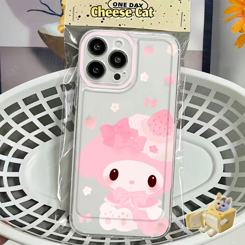 Ốp lưng Melody hình thỏ dâu tây màu hồng Tương thích với iPhone 16 15 14 13 12 11 17 Pro Max Xs 7 8 Plus Ốp bảo vệ mềm