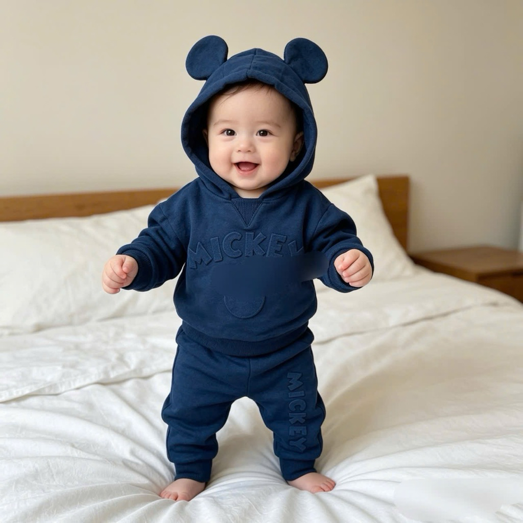 Bộ Nỉ Có Mũ Bé Trai Sơ Sinh Màu Xanh Than Cao Cấp Dày Dặn Giữ Ấm Cho Bé 3-6 Tháng 3-7kg C5568 L052