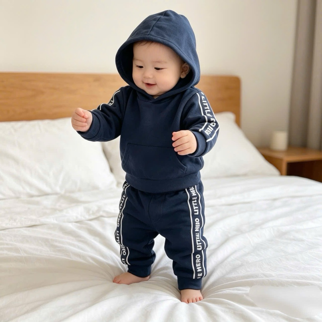 Bộ Nỉ Có Mũ Bé Trai Sơ Sinh Màu Xanh Than Cao Cấp Dày Dặn Giữ Ấm Cho Bé 3-6 Tháng 3-7kg C5568 L052