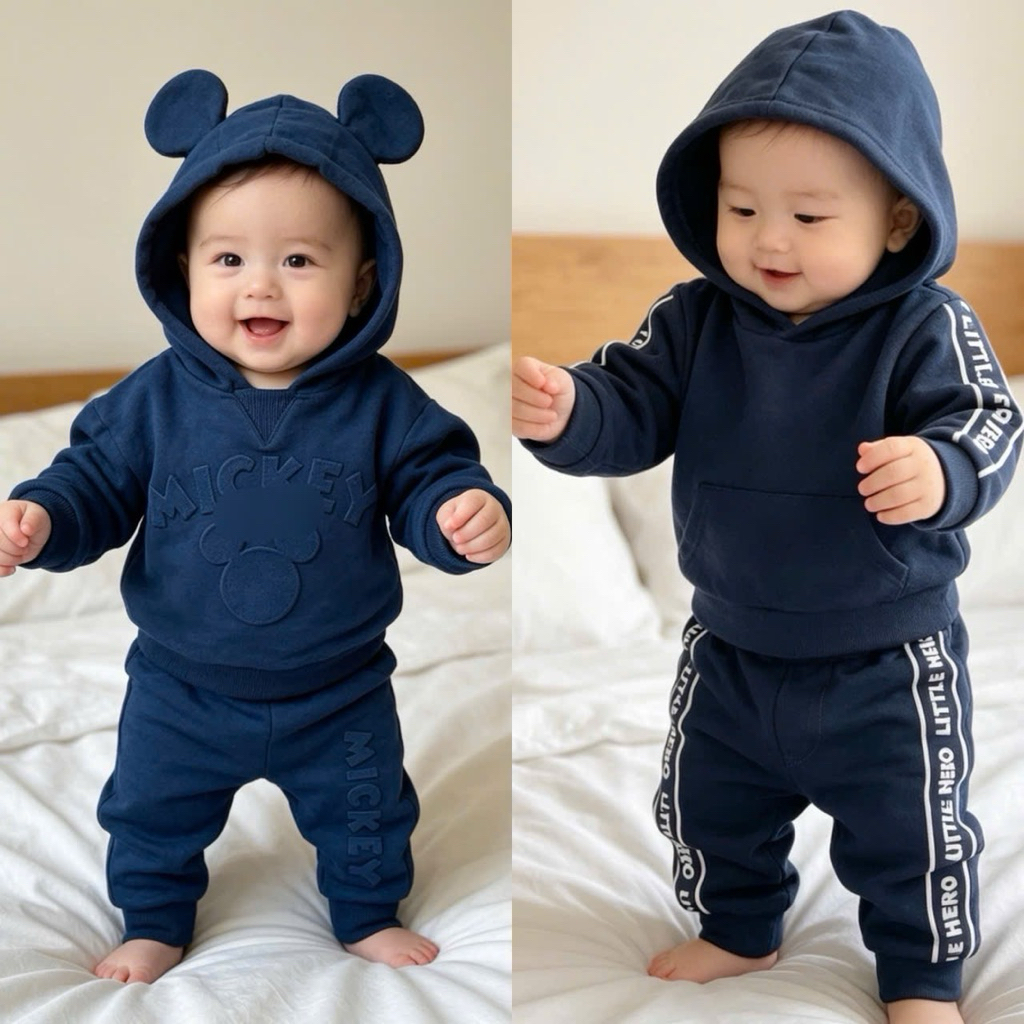 Bộ Nỉ Có Mũ Bé Trai Sơ Sinh Màu Xanh Than Cao Cấp Dày Dặn Giữ Ấm Cho Bé 3-6 Tháng 3-7kg C5568 L052