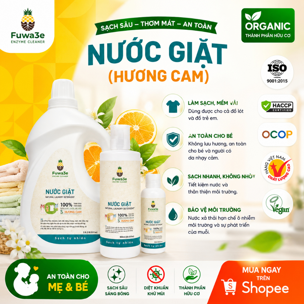 Nước giặt sinh học Fuwa3e Enzyme hương cam an toàn cho bé dịu lành cho da dung tích 3,5L