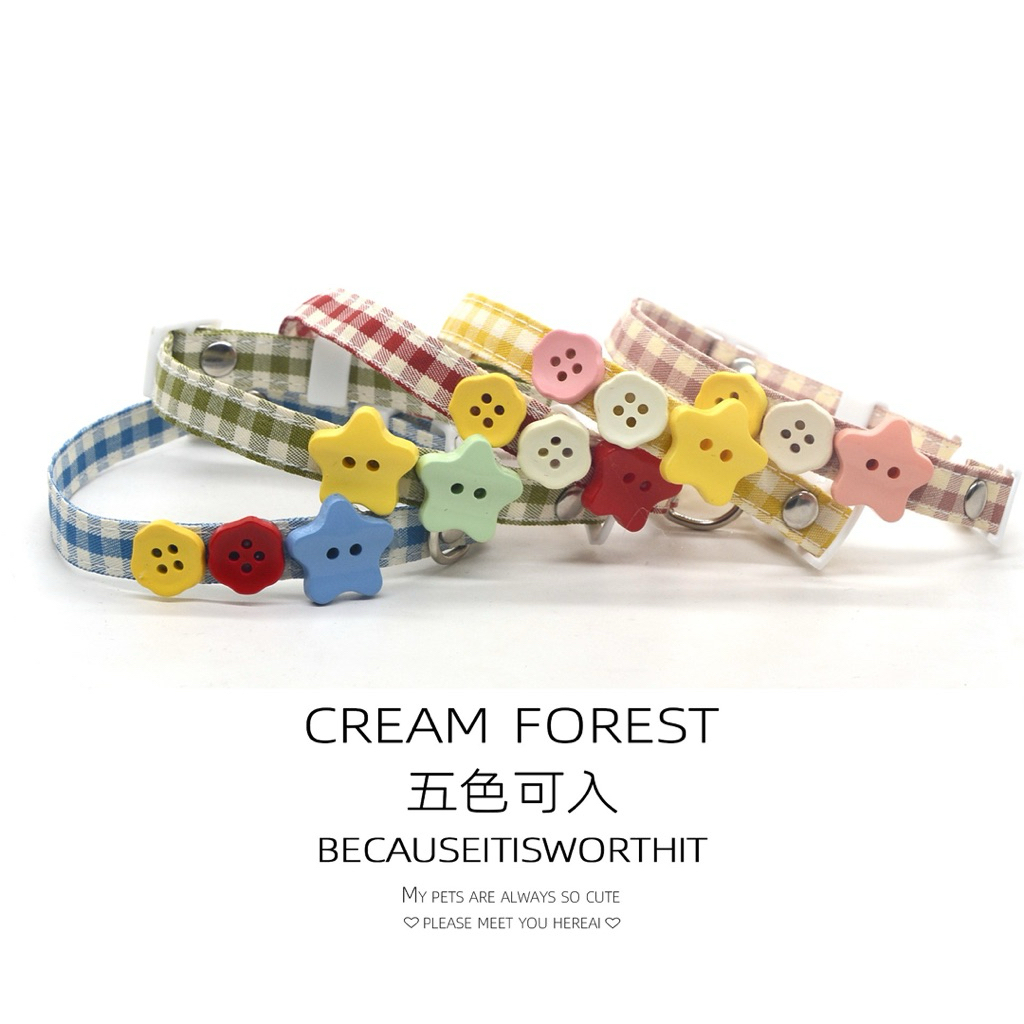 Vòng Cổ Cho Chó Mèo Thiết Kế Caro Kèm Nút Hoạt Hình - Vòng Cổ Thú Cưng Khóa Bấm An Toàn, Cao Cấp Cream Forest
