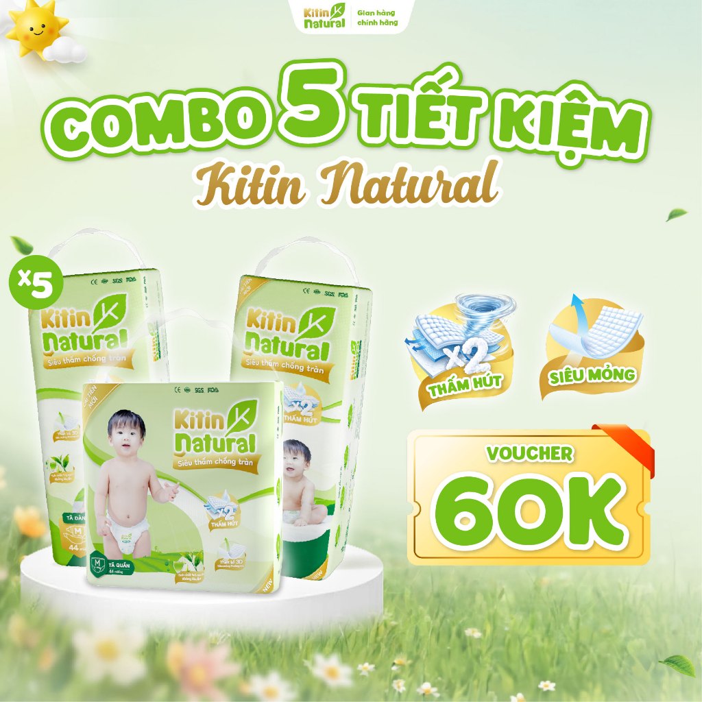 Combo 5 bịch Tã/Bỉm quần Kitin Natural size M44/L40/XL38/XXL36/XXXL34