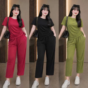 Set đồ nữ bigsize áo thun trơn cổ tròn kèm quần dài ống suông nữ tính chất vải thun gân SET62