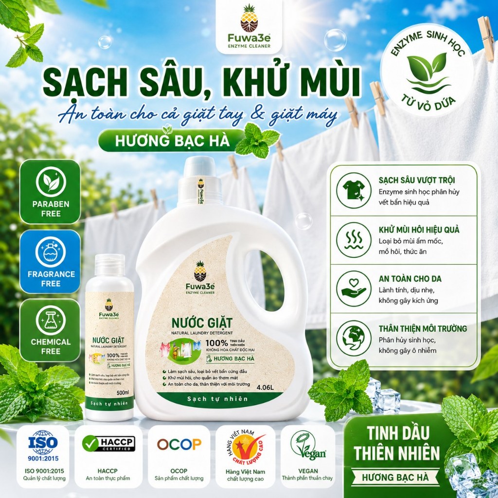 Nước giặt Fuwa3e enzyme sinh học an toàn cho da nhạy cảm, không hóa chất độc hại dung tích 3.5L