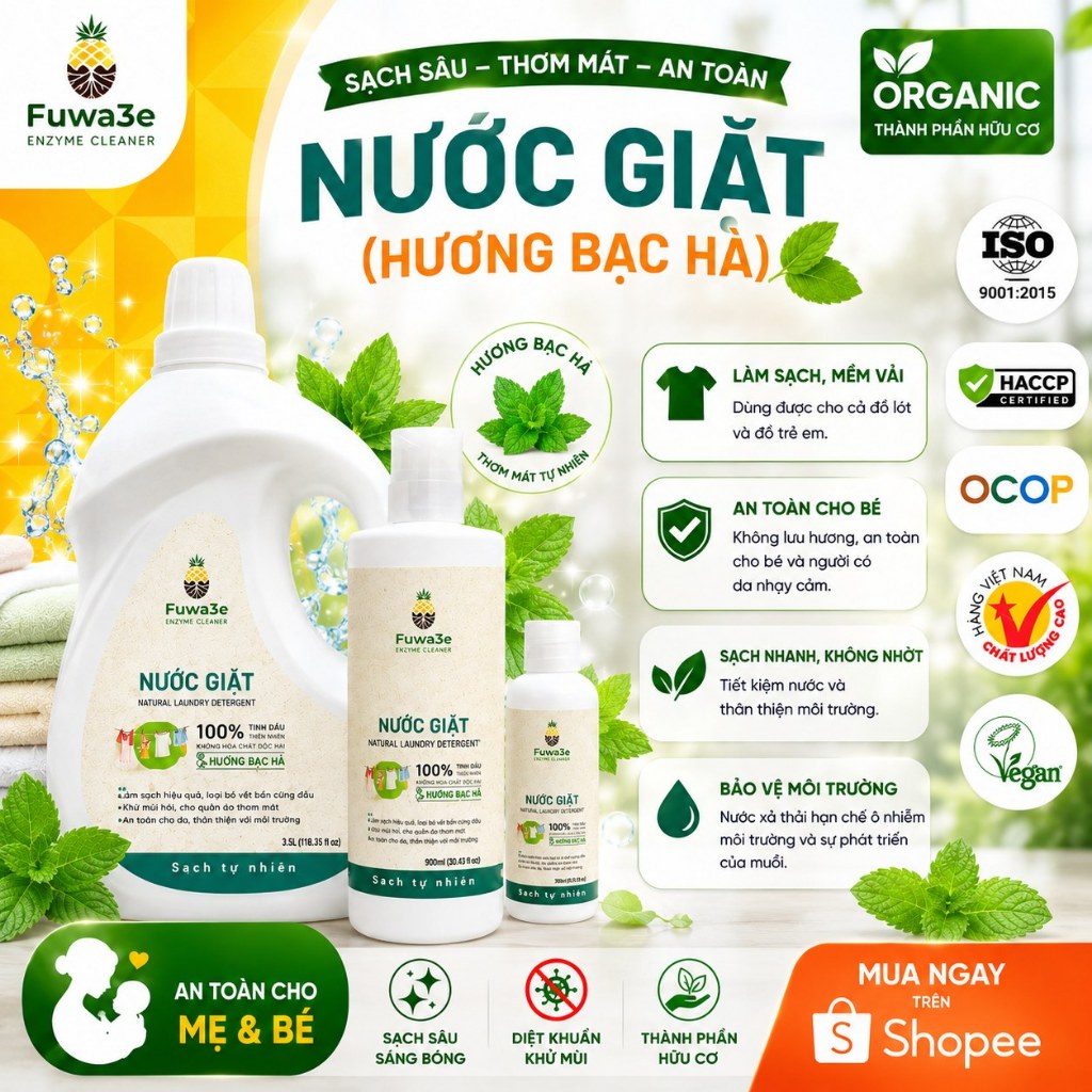 Nước giặt Fuwa3e enzyme sinh học an toàn cho da nhạy cảm, không hóa chất độc hại dung tích 3.5L