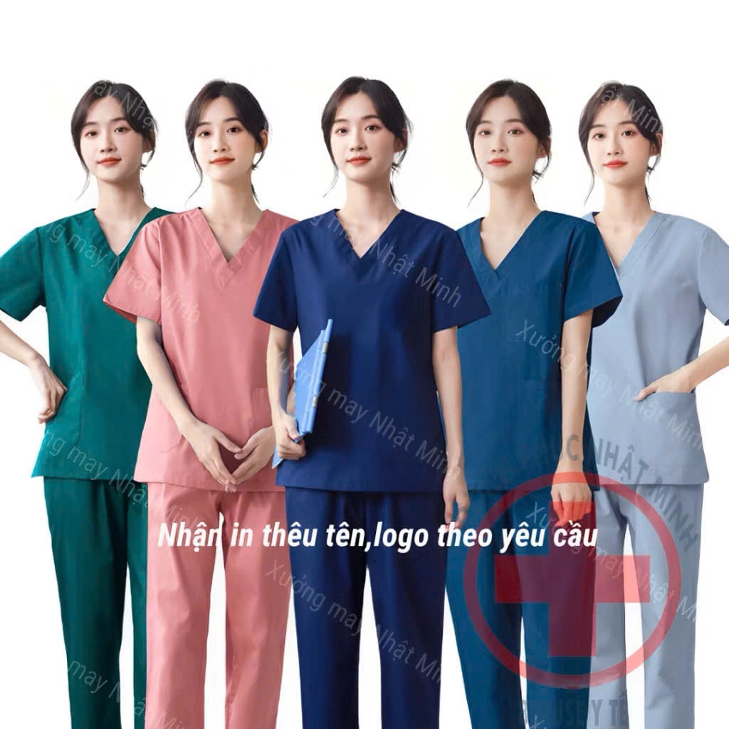 Bộ Scrubs cổ tim Vải Lon Giãn, bộ lon nhật mầm non, bệnh viện, quần áo phẫu thuật, áo blu bác sĩ, Women