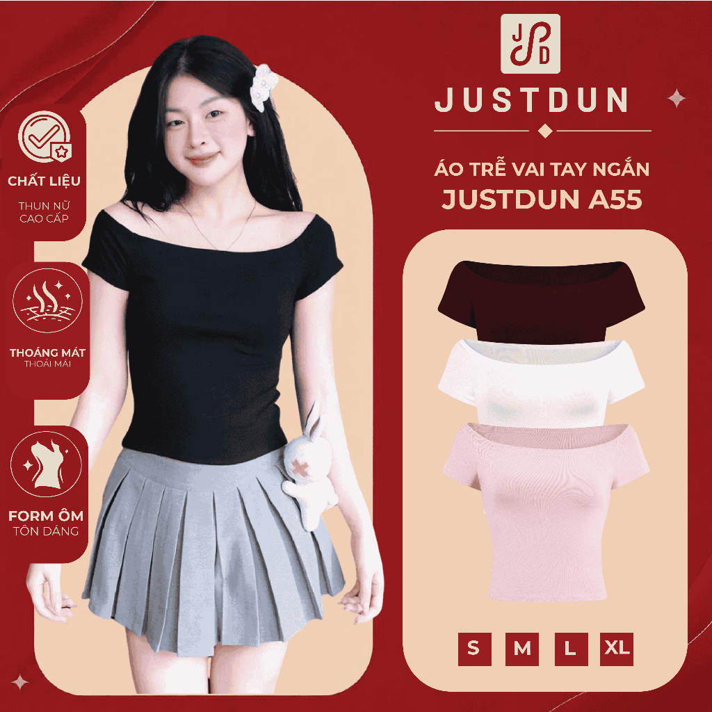 Áo Trễ Vai Cộc Tay Nữ JUSTDUN A55 - Ôm Body, Cotton Co Giãn 4 Chiều, Thoải Mái, Thoáng Mát