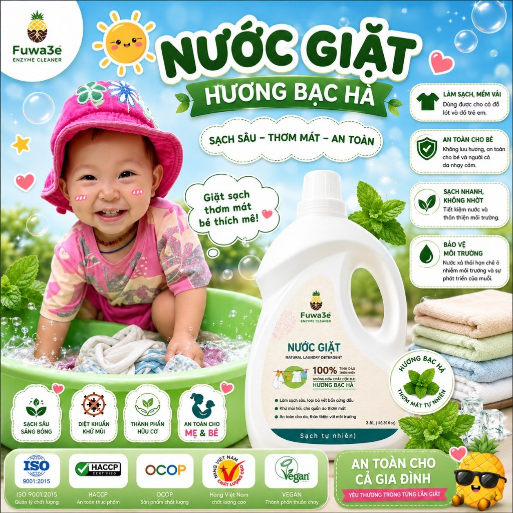 Nước giặt Fuwa3e enzyme sinh học an toàn cho da nhạy cảm, không hóa chất độc hại dung tích 3.5L