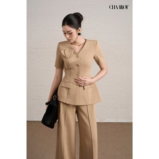 Áo Peplum Nữ Hoa Ngực Be ASA Quần Suông Dài Thiết Kế Charllot Công Sở Nữ Tôn Dáng Chất Tuysi Nhật