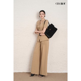 Áo Peplum Nữ Hoa Ngực Be ASA Quần Suông Dài Thiết Kế Charllot Công Sở Nữ Tôn Dáng Chất Tuysi Nhật