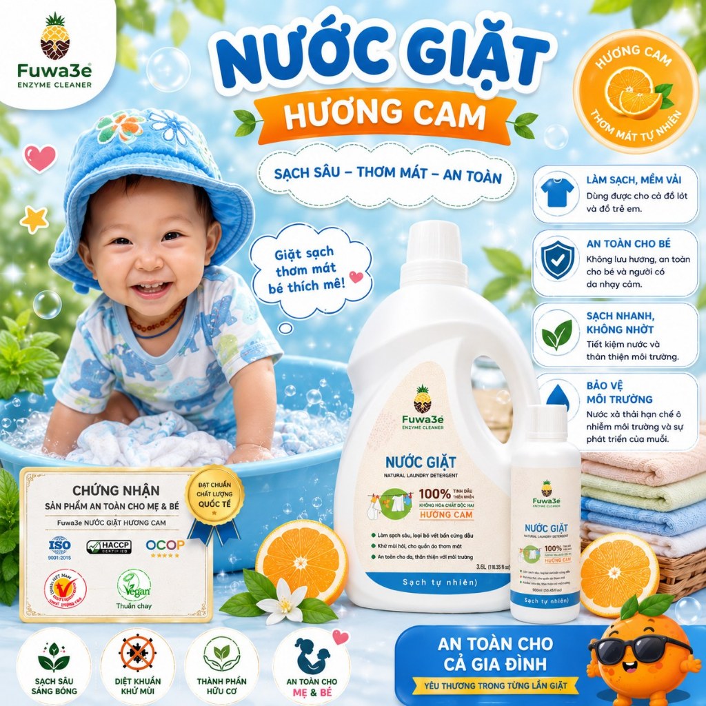 Nước giặt sinh học Fuwa3e Enzyme hương cam an toàn cho bé dịu lành cho da dung tích 3,5L