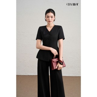 Áo Peplum Nữ Hoa Ngực Đen ASA Quần Suông Dài Thiết Kế Charllot Công Sở Nữ Tôn Dáng Chất Tuysi Nhật