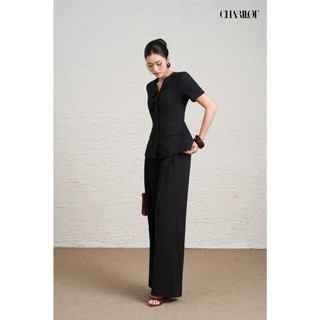Áo Peplum Nữ Hoa Ngực Đen ASA Quần Suông Dài Thiết Kế Charllot Công Sở Nữ Tôn Dáng Chất Tuysi Nhật