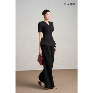 Áo Peplum Nữ Hoa Ngực Đen ASA Quần Suông Dài Thiết Kế Charllot Công Sở Nữ Tôn Dáng Chất Tuysi Nhật