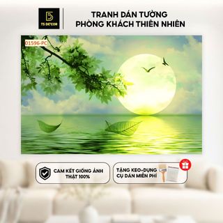 Tranh dán tường phòng khách thiên nhiên đồi núi, hồ nước đẹp tặng keo và dụng cụ dán