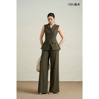 Áo Vest Quần Suông Kẻ Sọc Rêu MAYA Thiết Kế Charllot Suit Công Sở Nữ Chất Cashmere Ít Nhăn Tôn Dáng