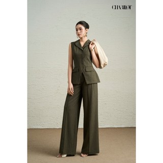 Áo Vest Quần Suông Kẻ Sọc Rêu MAYA Thiết Kế Charllot Suit Công Sở Nữ Chất Cashmere Ít Nhăn Tôn Dáng