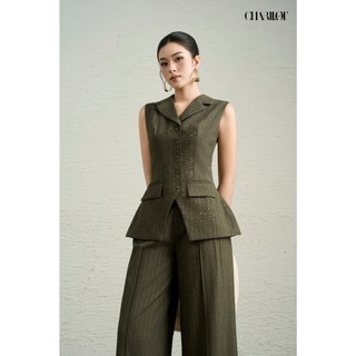 Áo Vest Quần Suông Kẻ Sọc Rêu MAYA Thiết Kế Charllot Suit Công Sở Nữ Chất Cashmere Ít Nhăn Tôn Dáng