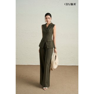 Áo Vest Quần Suông Kẻ Sọc Rêu MAYA Thiết Kế Charllot Suit Công Sở Nữ Chất Cashmere Ít Nhăn Tôn Dáng