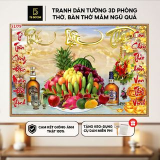Tranh Dán tường 3d Phòng thờ, bàn thờ mâm ngũ quả siêu đẹp, bắt mắt...