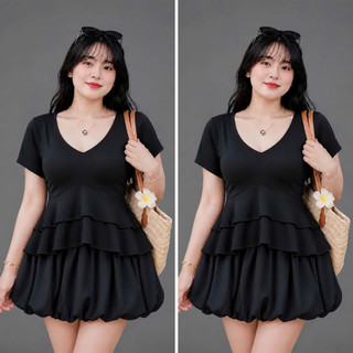 Áo Thun Kiểu Bigsize Nữ Áo Cổ V Dáng Peplum Vạt Xòe Bèo Che Bụng Cho Chubby A348