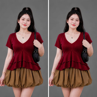Áo Thun Bigsize Nữ Cổ V Vạt Xòe Tầng Tay Ngắn Dáng Peplum Vải Thun Gân Co Giãn A348