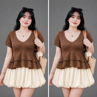 Áo Thun Bigsize Nữ Cổ V Vạt Xòe Tầng Tay Ngắn Dáng Peplum Vải Thun Gân Co Giãn A348