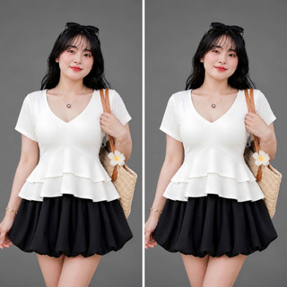 Áo Thun Kiểu Bigsize Nữ Áo Cổ V Dáng Peplum Vạt Xòe Bèo Che Bụng Cho Chubby A348