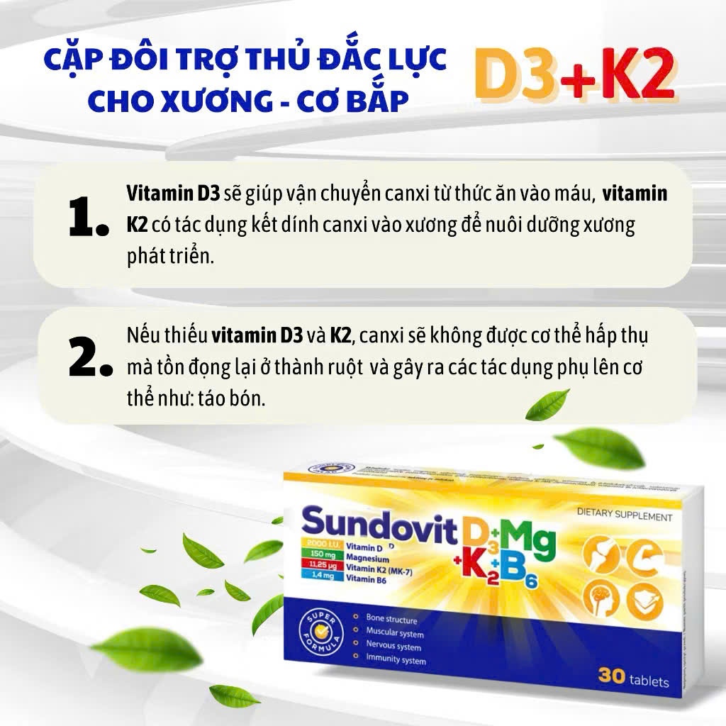 Viên Uống Sundovit D3+K2+Mg+B6 - Chắc Khỏe Xương, Phát Triển Cơ Bắp & Tăng Cường Miễn Dịch