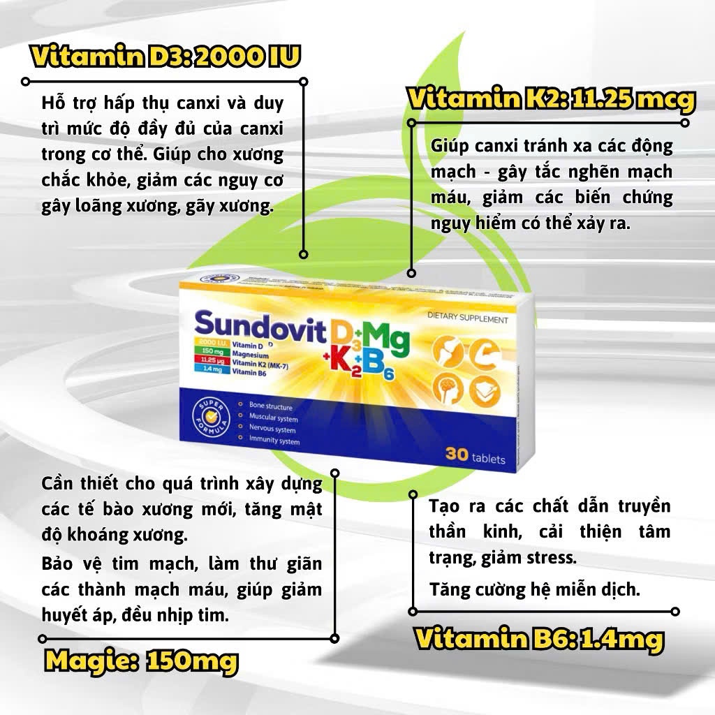 Viên Uống Sundovit D3+K2+Mg+B6 - Chắc Khỏe Xương, Phát Triển Cơ Bắp & Tăng Cường Miễn Dịch