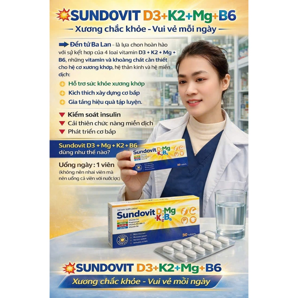 Viên Uống Sundovit D3+K2+Mg+B6 - Chắc Khỏe Xương, Phát Triển Cơ Bắp & Tăng Cường Miễn Dịch