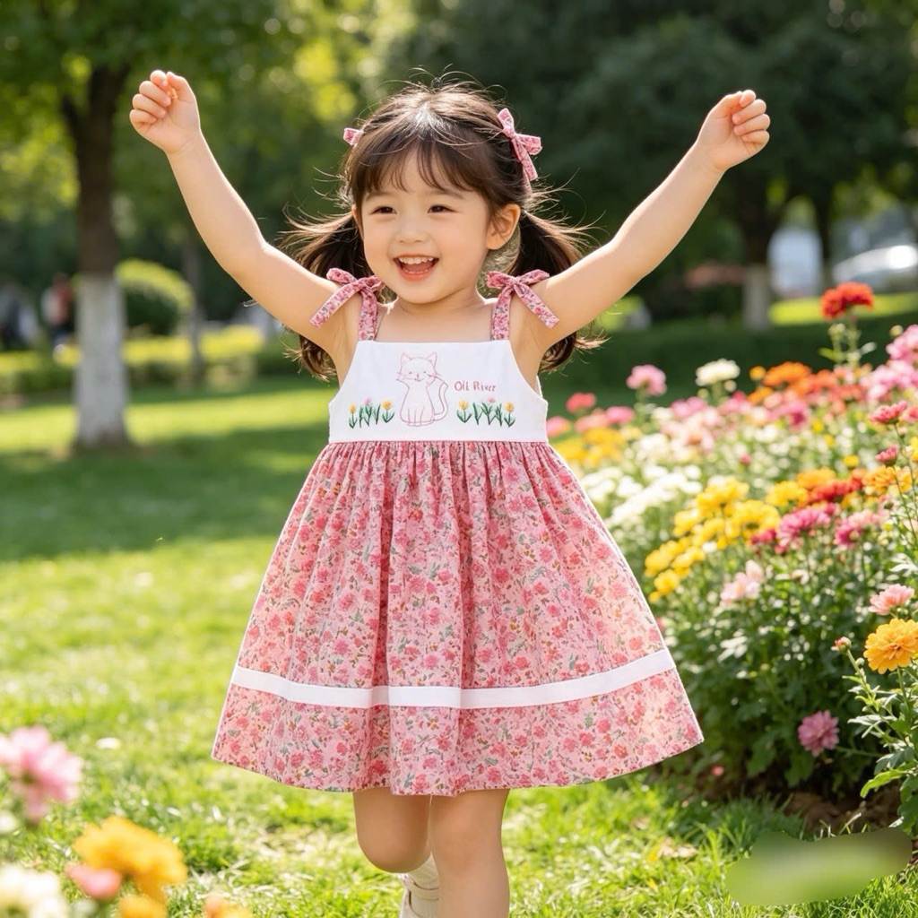 Váy 2 Dây Bé Gái A888 Chú Mèo Đeo Nơ Họa Tiết Nhí Dễ Thương - Đầm Mùa Hè Cho Bé 2-6 Tuổi (10-24kg)