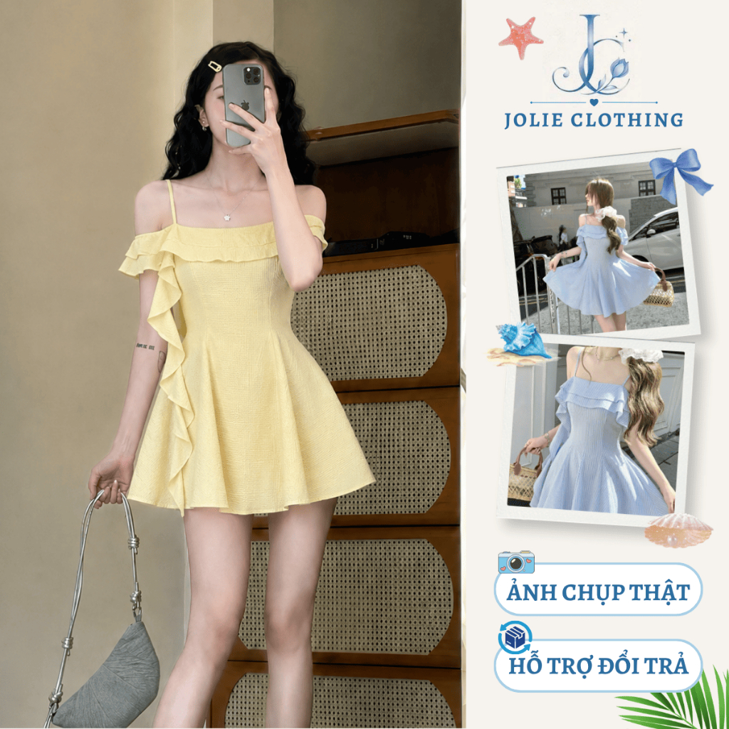 Váy Trễ Vai Dáng Ngắn Tiểu Thư Jolie Clothing đầm trễ vai hai dây đũi kẻ dáng xòe phối bèo tiểu thư Hàn Quốc