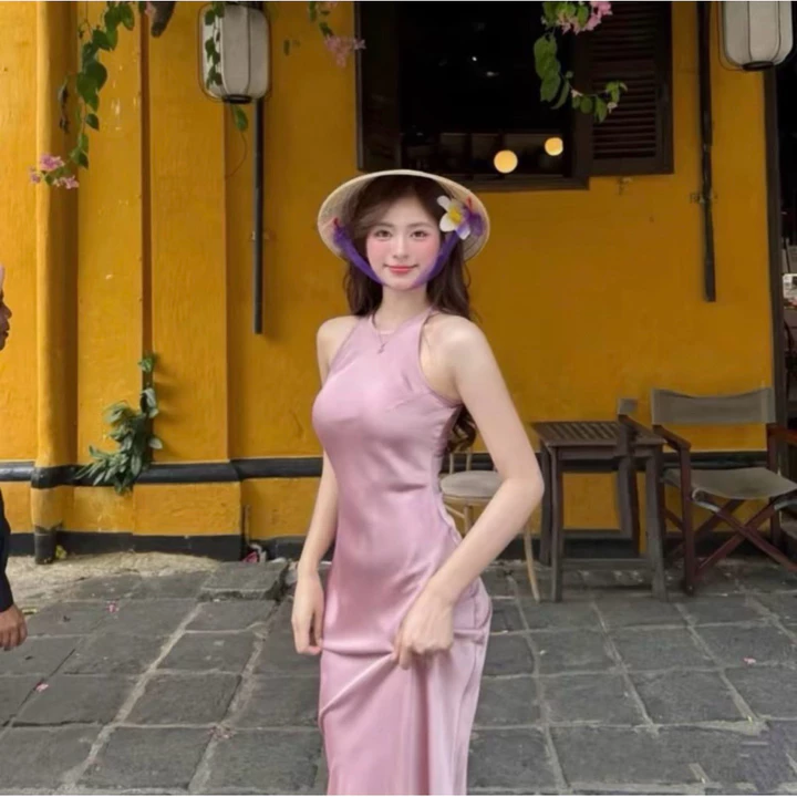Đầm Lụa Cổ Yếm Dáng Dài Sang Chảnh - Váy Lụa Cổ Yếm Sang Chảnh Chất Liệu Tô Châu - Yếm Tiên Dress