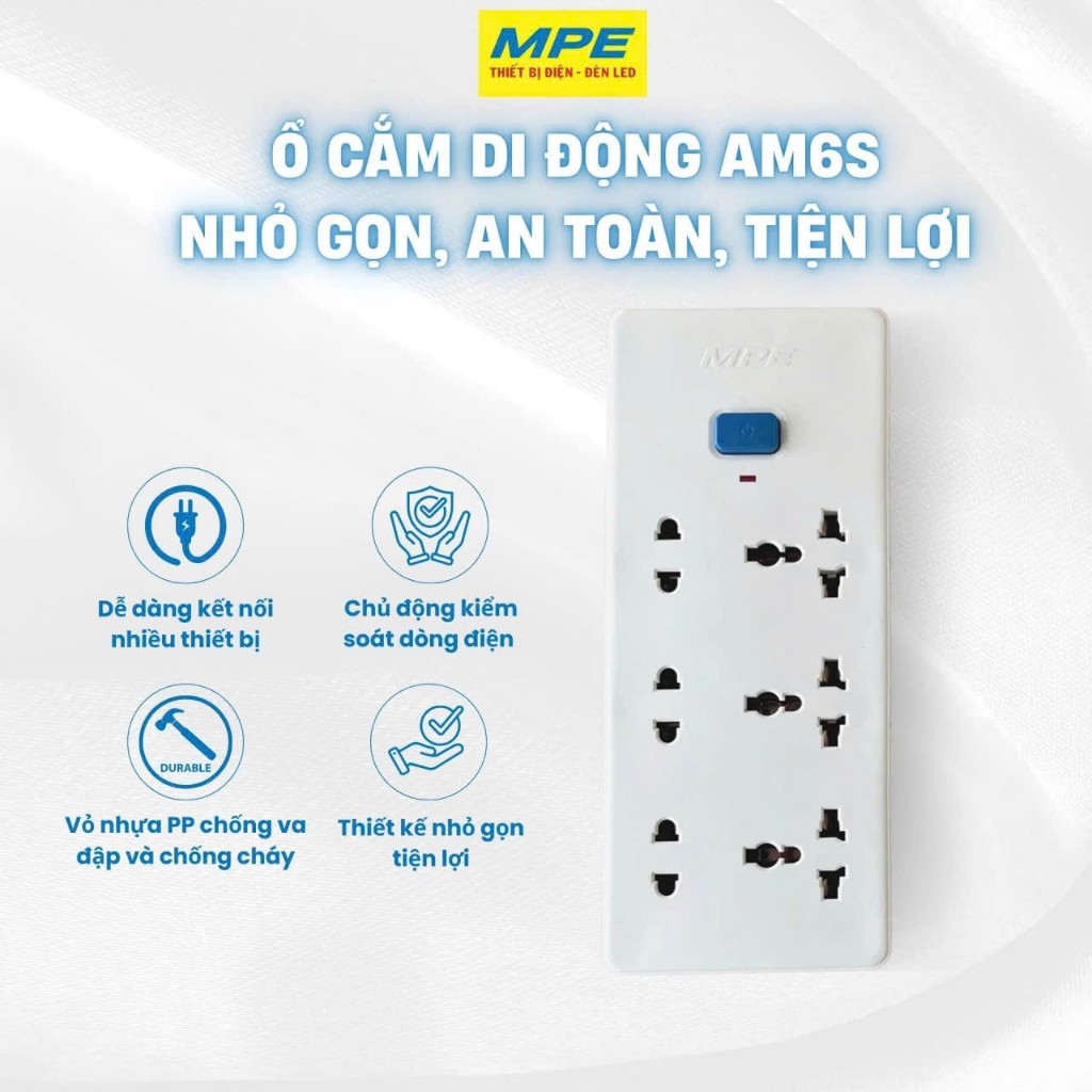 (CHÍNH HÃNG) MPE - Ổ cắm di động 3 ổ cắm đa năng 3 ổ cắm 2 chấu MPE seri AM6S, dây dài 3 mét, nút Tắt/ Mở nguồn