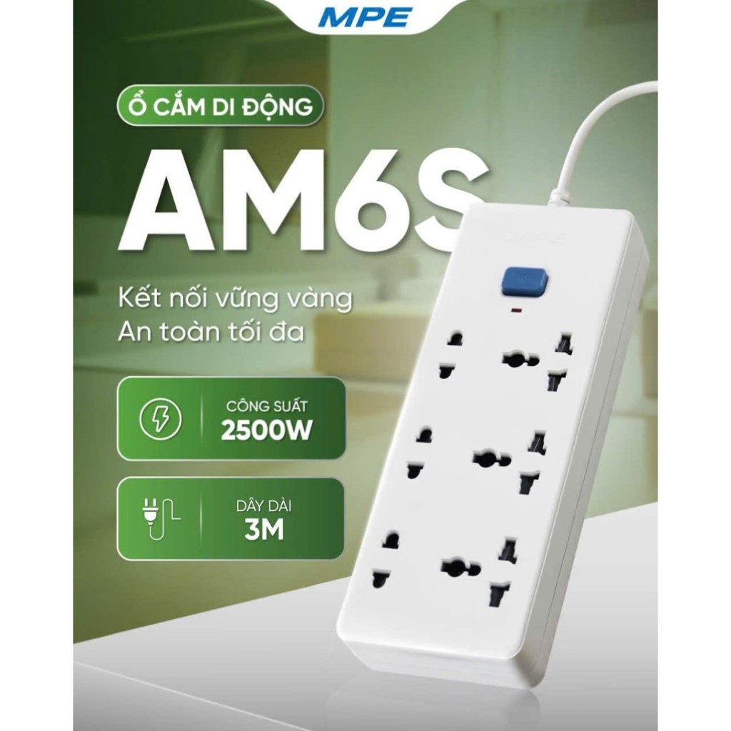 (CHÍNH HÃNG) MPE - Ổ cắm di động 3 ổ cắm đa năng 3 ổ cắm 2 chấu MPE seri AM6S, dây dài 3 mét, nút Tắt/ Mở nguồn