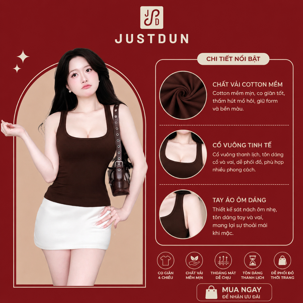 Áo tanktop 2 dây nữ cổ vuông JUSTDUN co giãn thoải mái BL01