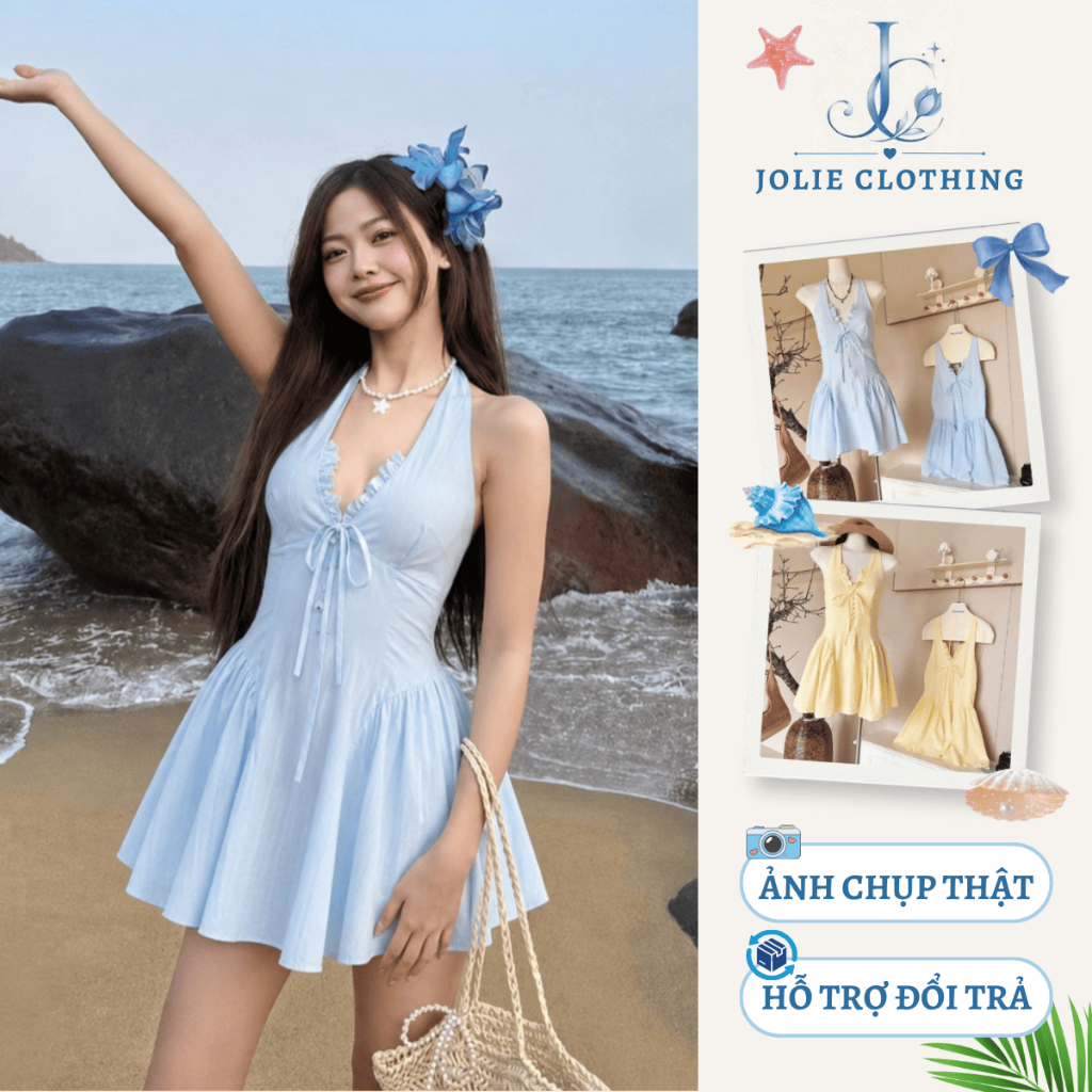 Váy cổ yếm dáng ngắn đi biển dáng xòe Jolie Clothing váy kẻ đũi chun lưng phong cách tiểu thư Hàn Quốc