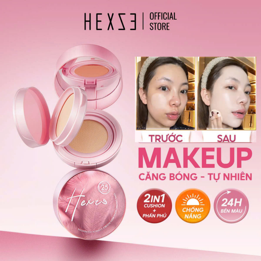 Cushion hỗ trợ chống nắng kèm phấn phủ 2 in1 HEXZE Spf25 PA+++, nâng tone tự nhiên cố định lớp makeup hoàn hảo
