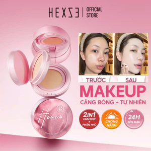 Cushion hỗ trợ chống nắng kèm phấn phủ 2 in1 HEXZE Spf25 PA+++, nâng tone tự nhiên cố định lớp makeup hoàn hảo