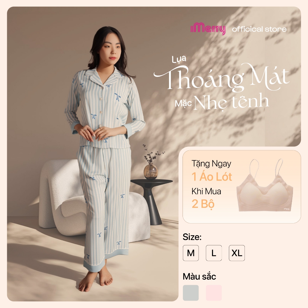 Bộ đồ ngủ nữ Pijama iMerry lụa trơn tay dài quần dài thiết kế sọc trẻ trung thanh lịch BD009