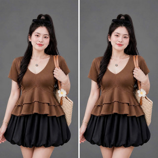 Áo Thun Kiểu Bigsize Nữ Áo Cổ V Dáng Peplum Vạt Xòe Bèo Che Bụng Cho Chubby A348